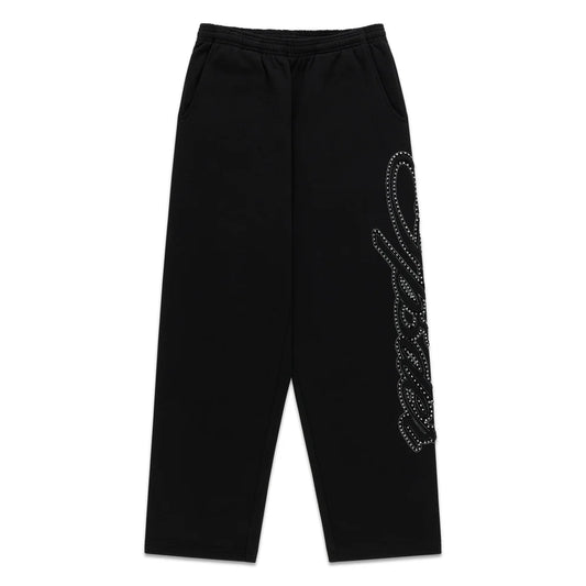 Sp5der Rhinestone Script Wide Leg Sweatpant Black