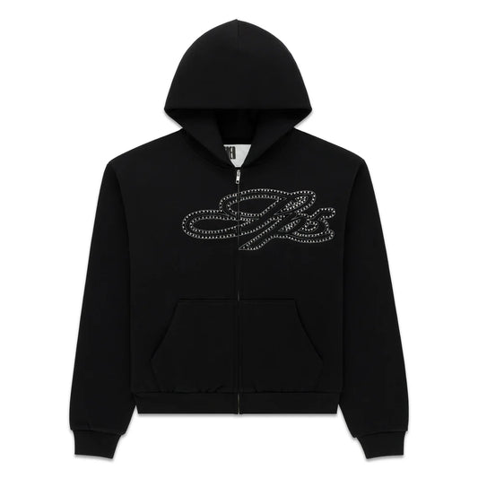 Sp5der Rhinestone Script Zip Hoodie Black