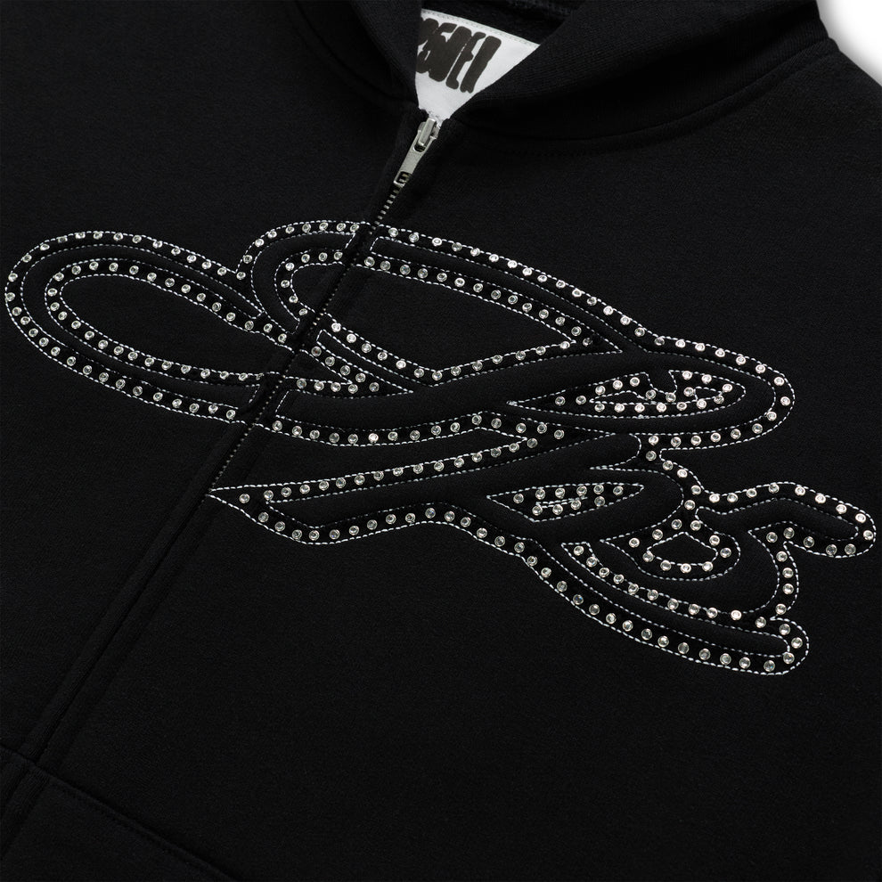 Sp5der Rhinestone Script Zip Hoodie Black