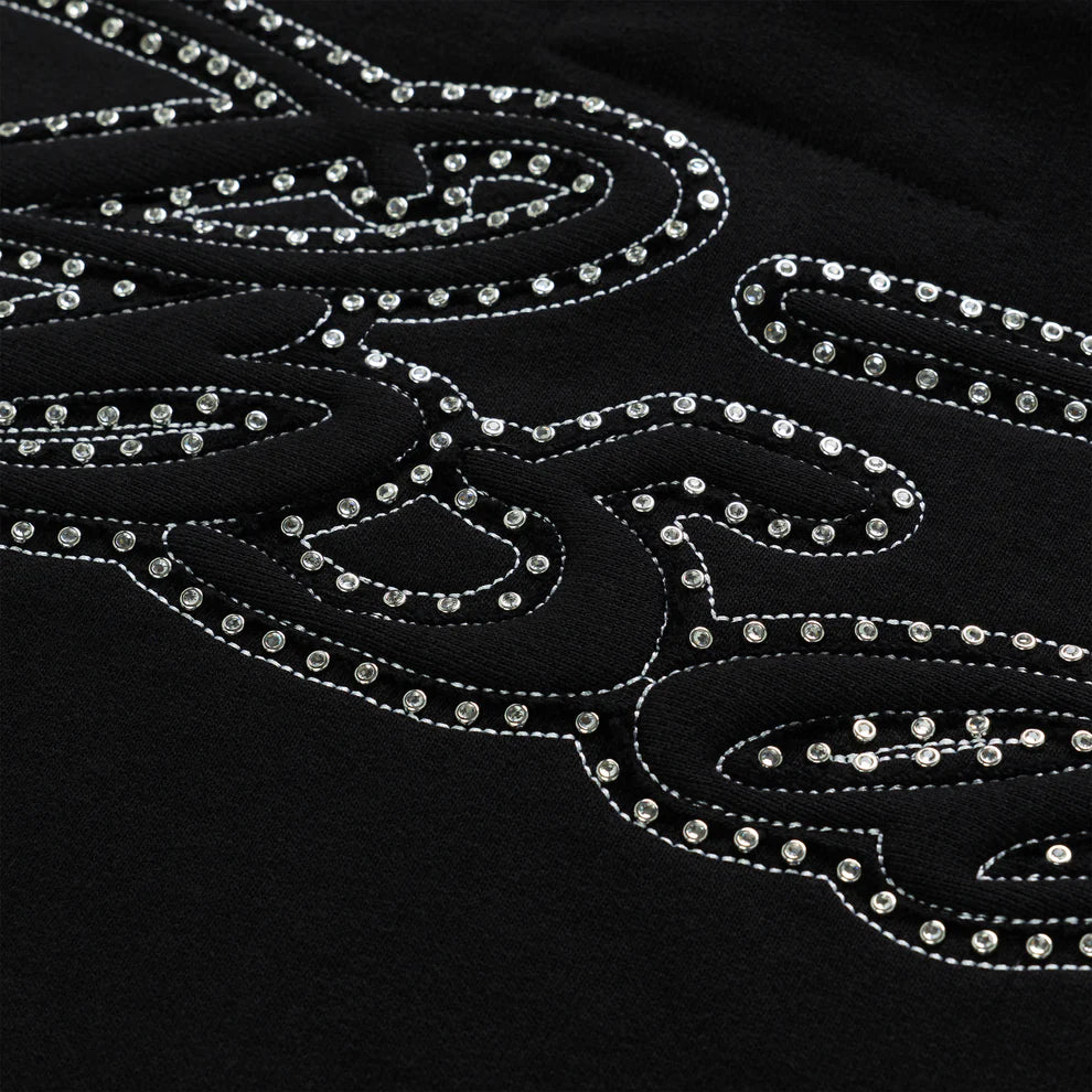 Sp5der Rhinestone Script Zip Hoodie Black