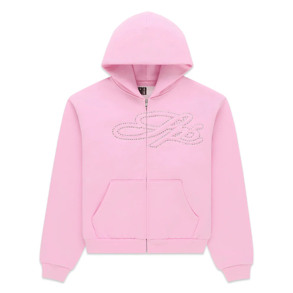 Sp5der Rhinestone Script Zip Hoodie Pink
