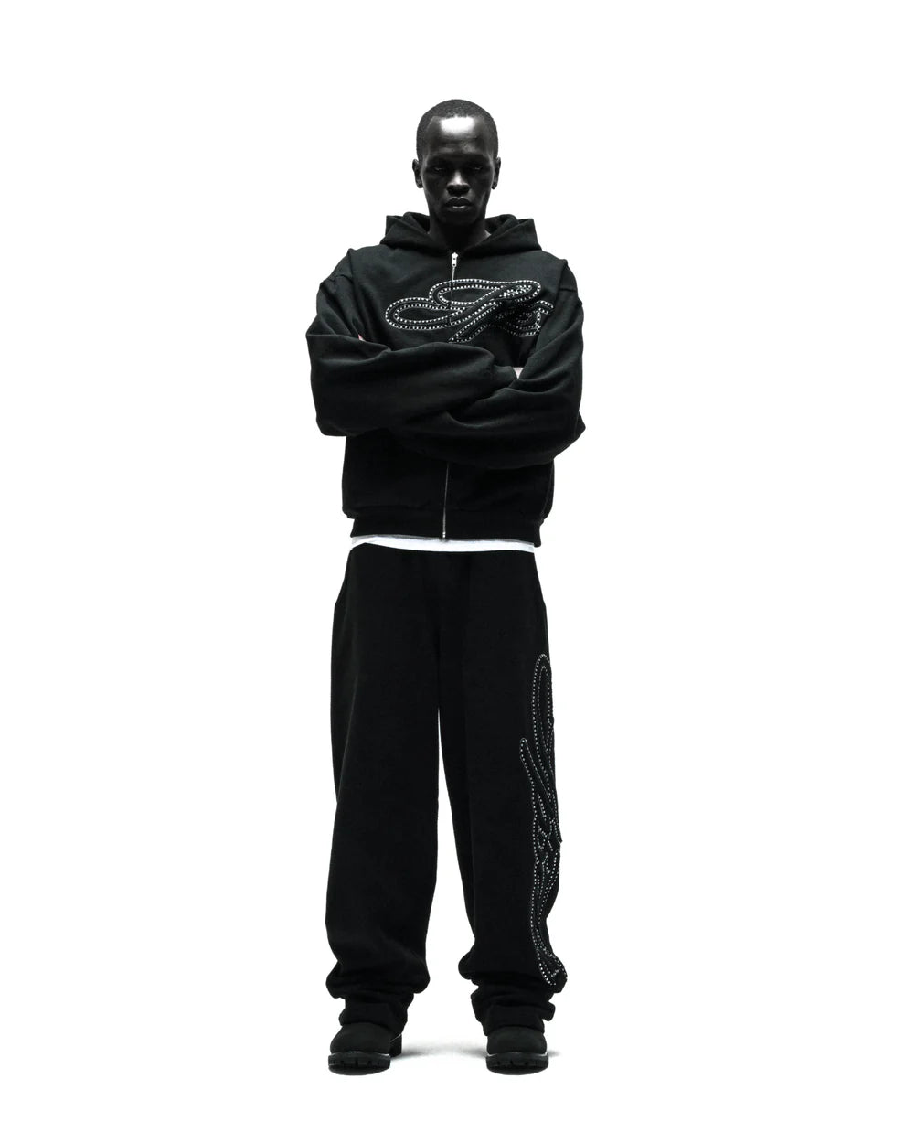 Sp5der Rhinestone Script Zip Hoodie Black