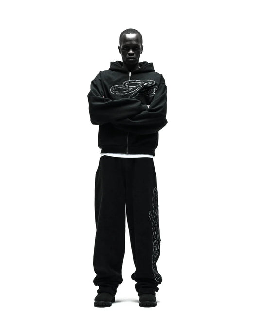 Sp5der Rhinestone Script Zip Tracksuit Black